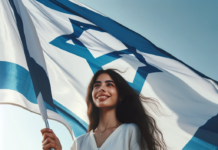 LA ALIYA : MITSVA OU IDEAL ? Femme d'Israël tenant fièrement un grand drapeau israélien qui flotte, sous un ciel bleu clair.