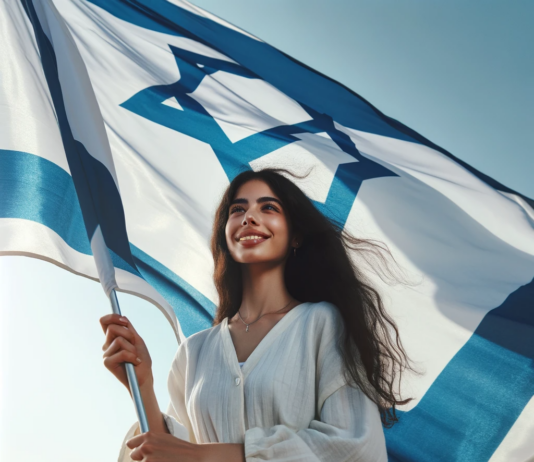 LA ALIYA : MITSVA OU IDEAL ? Femme d'Israël tenant fièrement un grand drapeau israélien qui flotte, sous un ciel bleu clair.